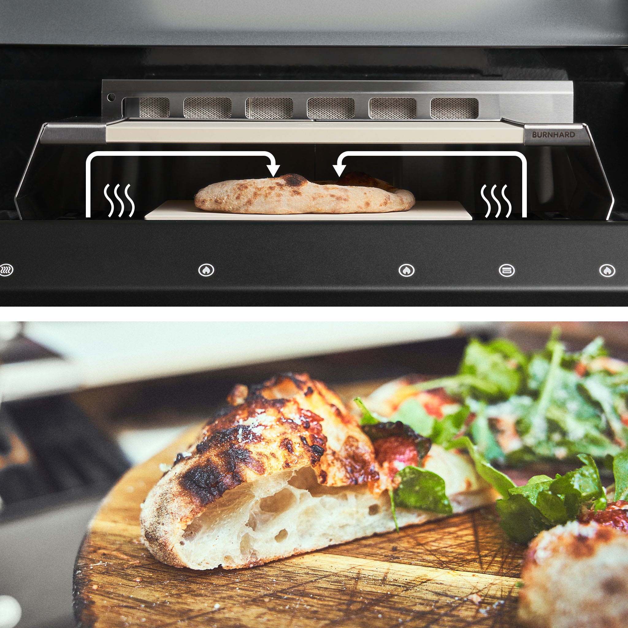 Detail van de warmteverdeling en luchtcirculatie in de pizzatopper en dwarsdoorsnede van een pizzaplak Detail van de warmteverdeling en luchtcirculatie in de pizzatopper en dwarsdoorsnede van een pizzaplak