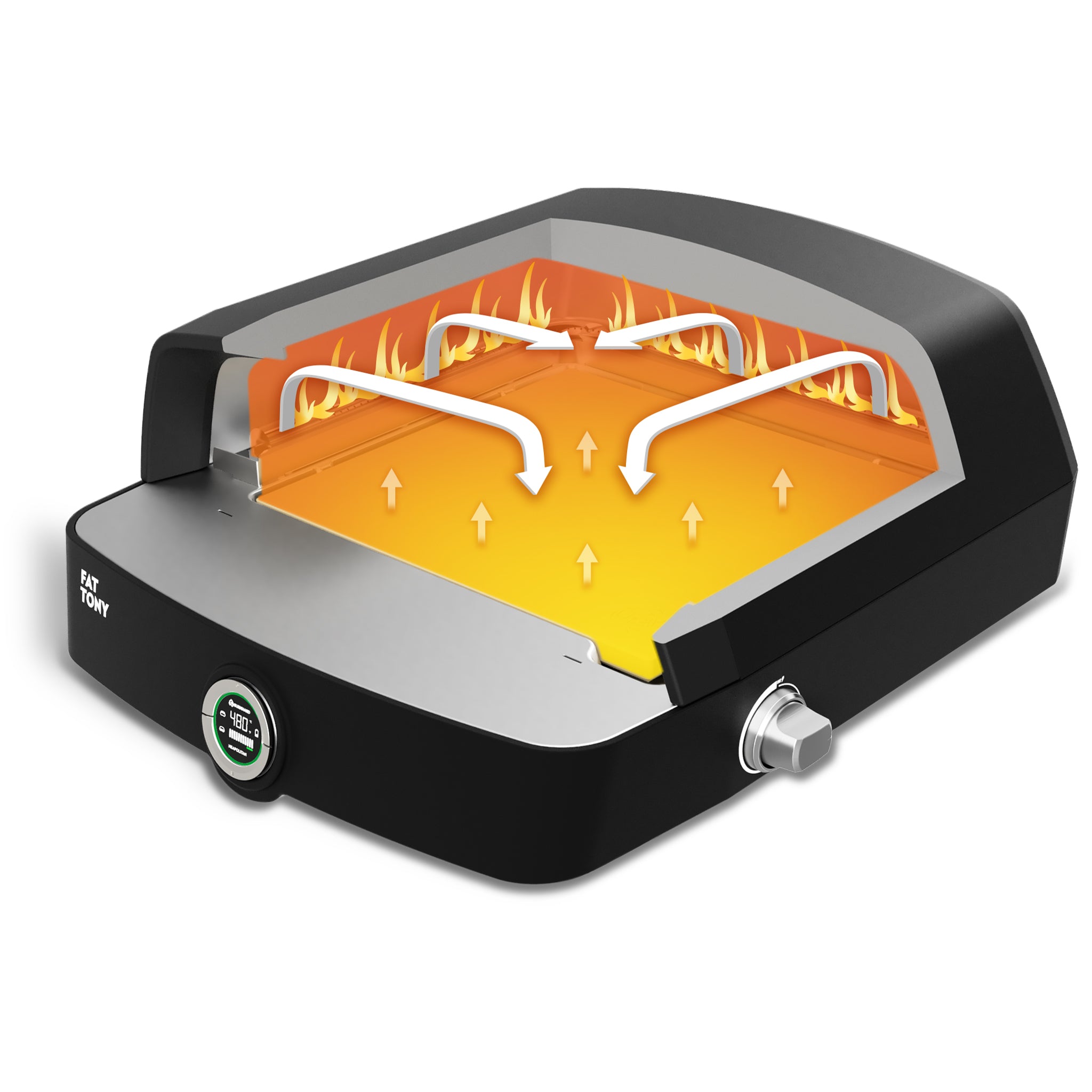 Verwarm de bovenkant met een rollende vlam en de onderkant met een pizzasteen Verwarm de bovenkant met een rollende vlam en de onderkant met een pizzasteen