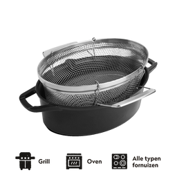 Gietijzeren braadpan met frituurmand