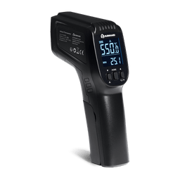 Infraroodthermometer aan de zijkant tegen een witte achtergrond
