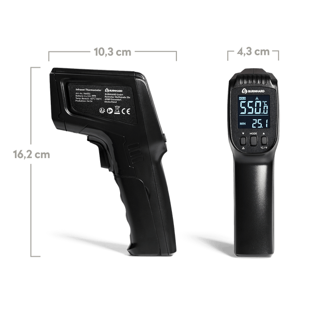 Infraroodthermometer met metingen tegen een witte achtergrond