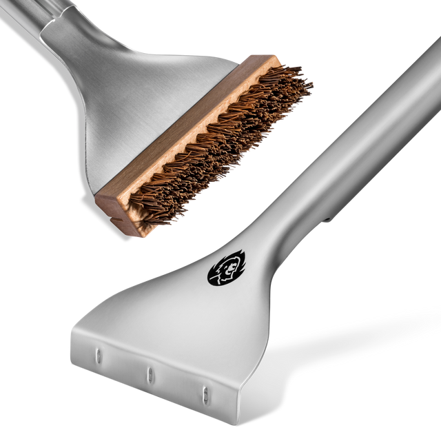 Detailweergave Palmyra-borstelharen en roestvrijstalen schraper met rand