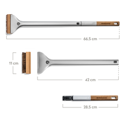 Bovenaanzicht pizzaovenborstel met afmetingen 66,5 cm lengte en 11 cm borstelbreedte