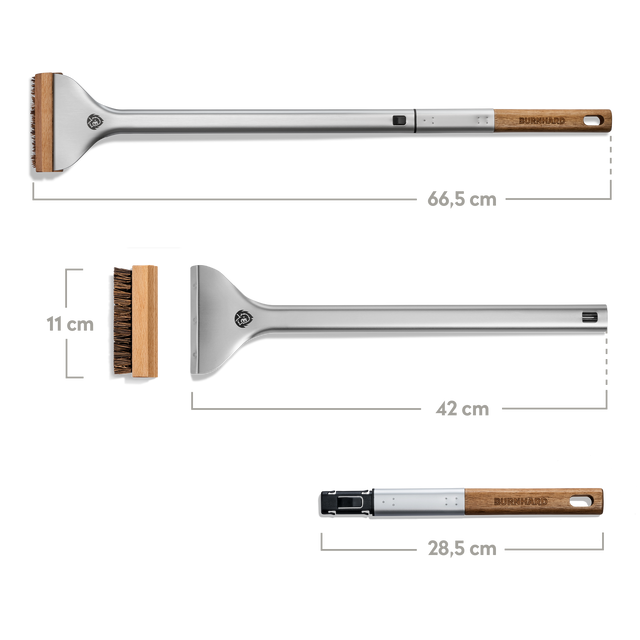 Bovenaanzicht pizzaovenborstel met afmetingen 66,5 cm lengte en 11 cm borstelbreedte