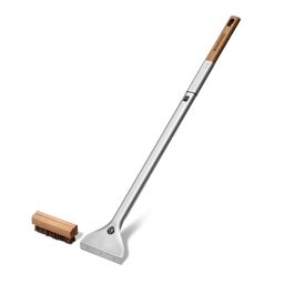 Pizzaoven borstel met schraper en borstelopzetstuk aan de zijkant voor een witte achtergrond