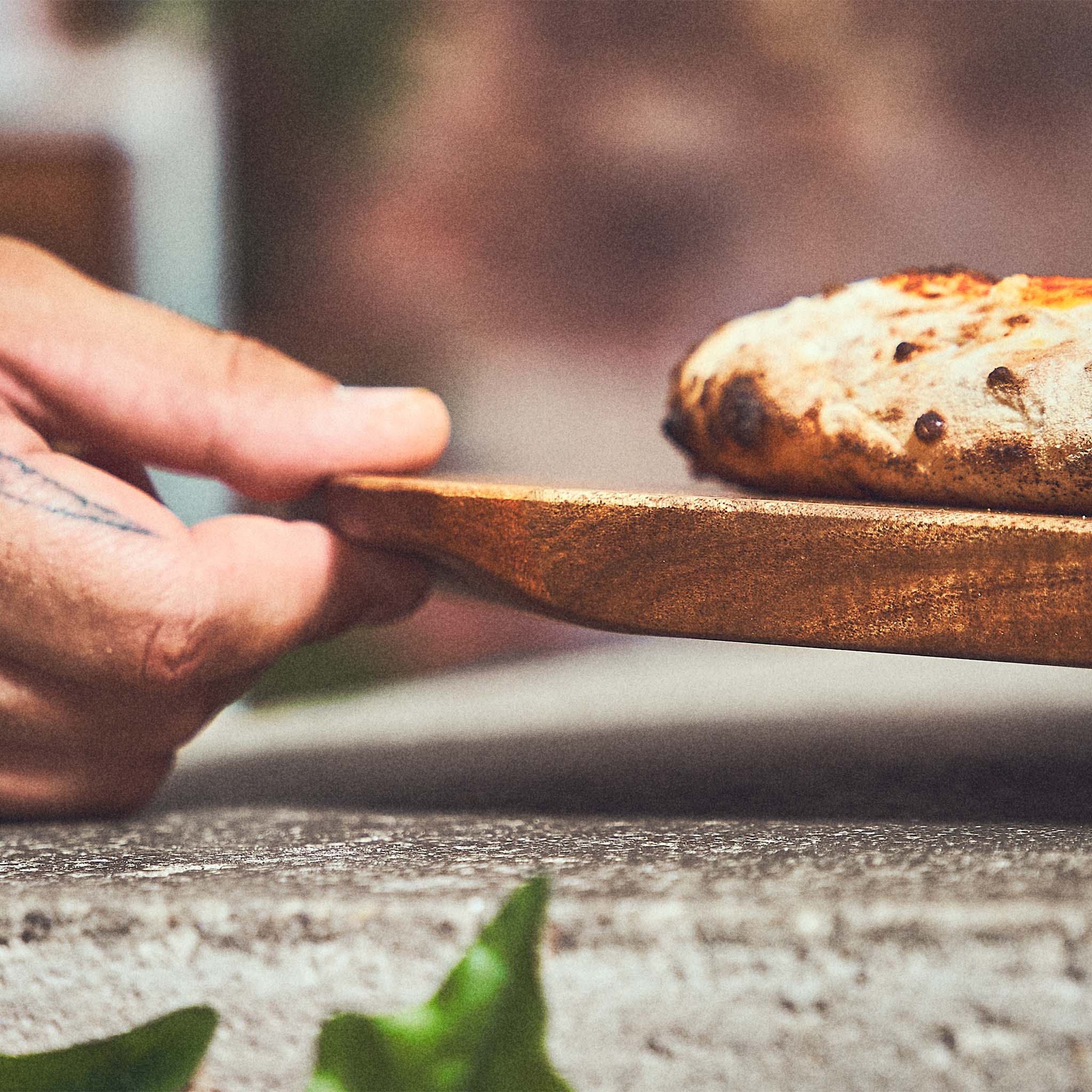 Tafereel Pizzaschotel met gebakken pizza wordt opgetild