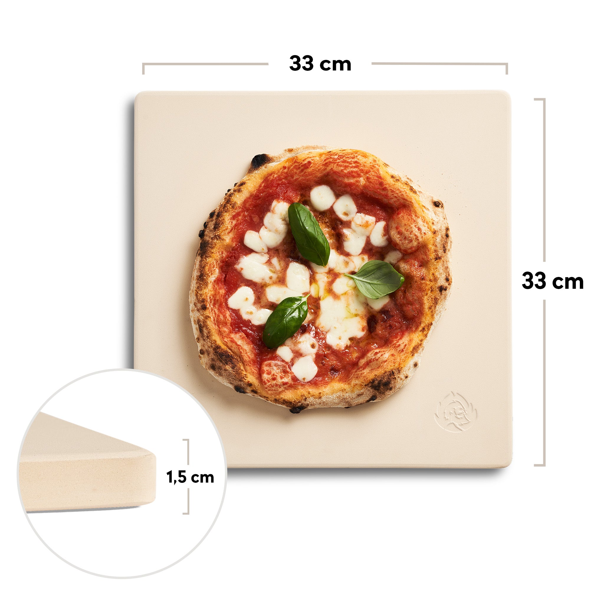 Bovenaanzicht van cordieriet pizzasteen met afmetingen